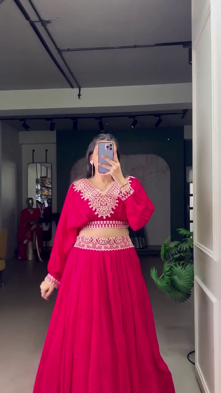 Embroidered Thread Work Semi-Stitched Lehenga - Image 5