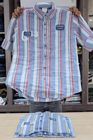 Mens Comfort Vertical Stripes Spread Collar Roll-Up Sleeves Cotton Casual Shirt